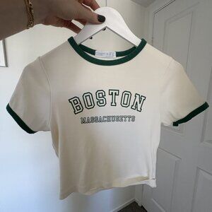 H&M Size Small (S) Boston Massachusetts Ringer T-Shirt White Green Trim Collegia
